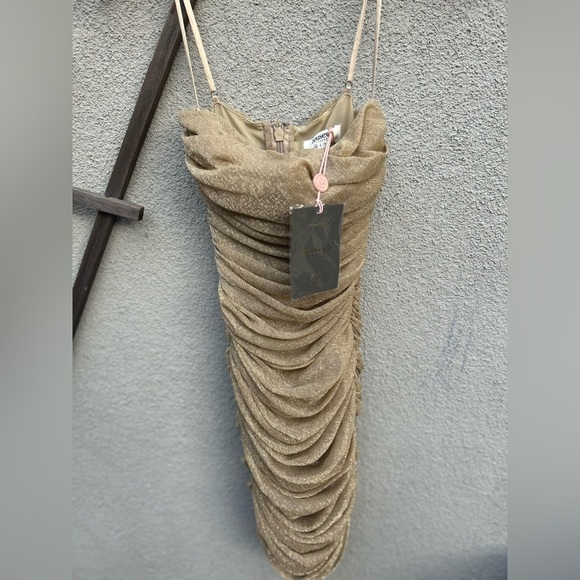 House of CB ELLA Metallic Gold Ruched Organza Mesh Mini Dress New With Tags! - Picture 8 of 14